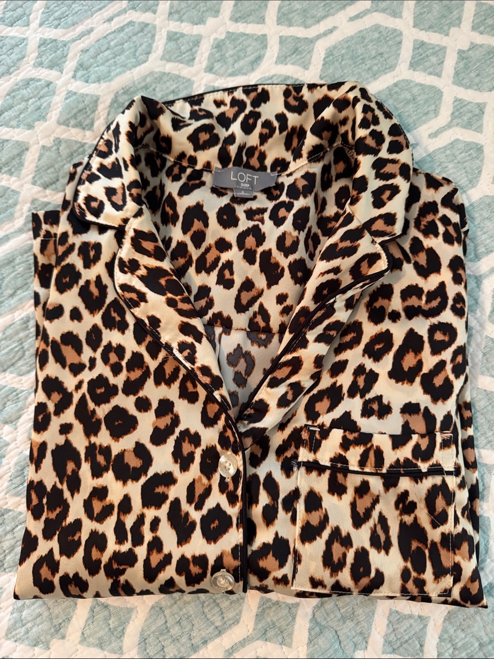 LOFT Leopard Print Satin Button-Front Sleep Top - Cream/Brown/Black